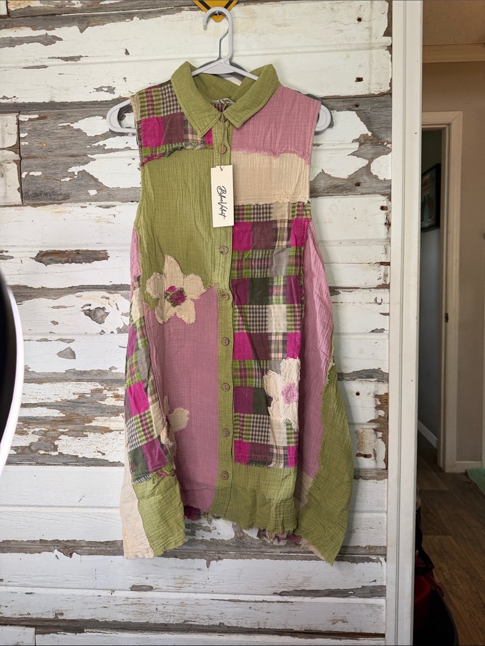 Blue velvet Boho Patchwork Sleeveless Dress - Pink & Green